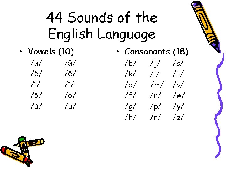 44 Sounds of the English Language • Vowels (10) /ă/ /ĕ/ /ĭ/ /ŏ/ /ŭ/