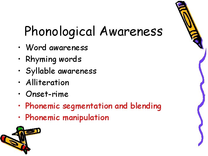 Phonological Awareness • • Word awareness Rhyming words Syllable awareness Alliteration Onset-rime Phonemic segmentation