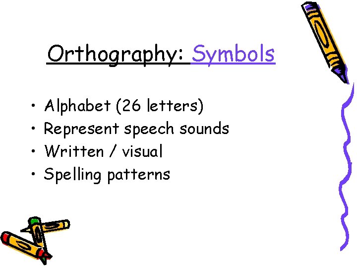 Orthography: Symbols • • Alphabet (26 letters) Represent speech sounds Written / visual Spelling