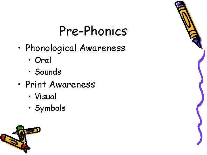 Pre-Phonics • Phonological Awareness • Oral • Sounds • Print Awareness • Visual •