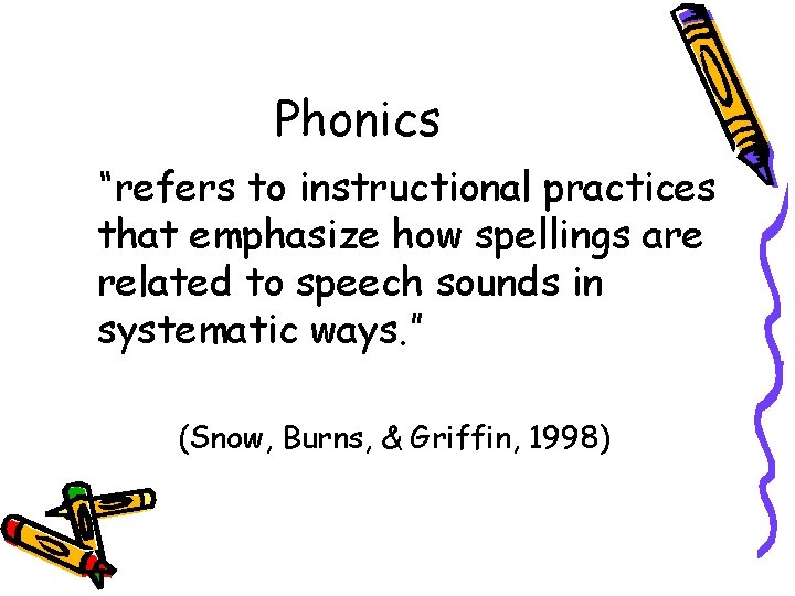 Phonics “refers to instructional practices that emphasize how spellings are related to speech sounds