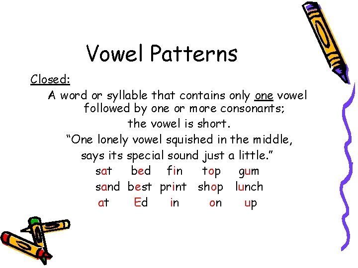 Vowel Patterns Closed: A word or syllable that contains only one vowel followed by