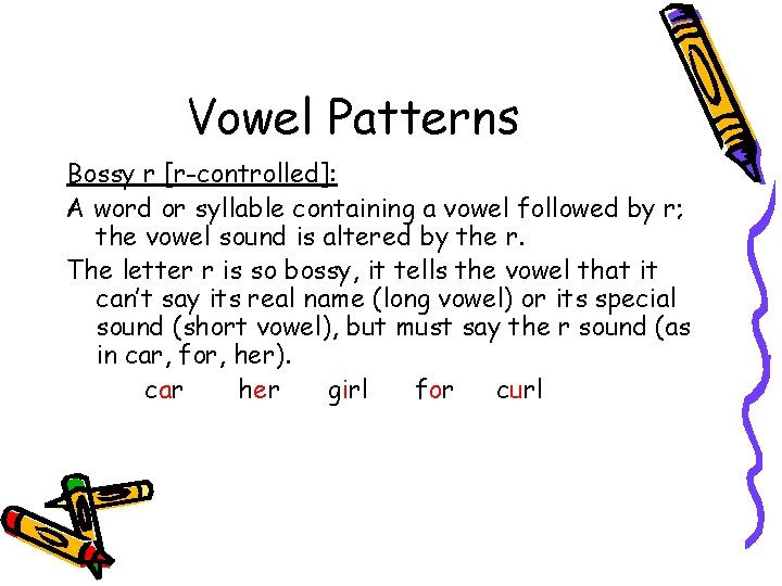 Vowel Patterns Bossy r [r-controlled]: A word or syllable containing a vowel followed by