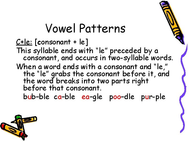 Vowel Patterns C+le: [consonant + le] This syllable ends with “le” preceded by a
