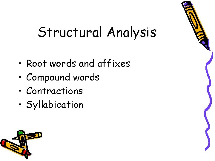 Structural Analysis • • Root words and affixes Compound words Contractions Syllabication 