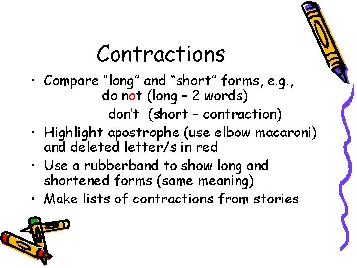 Contractions • Compare “long” and “short” forms, e. g. , do not (long –
