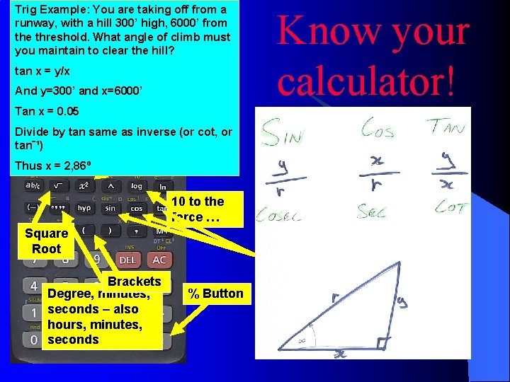 Trig Example: You are taking off from a runway, with a hill 300’ high,