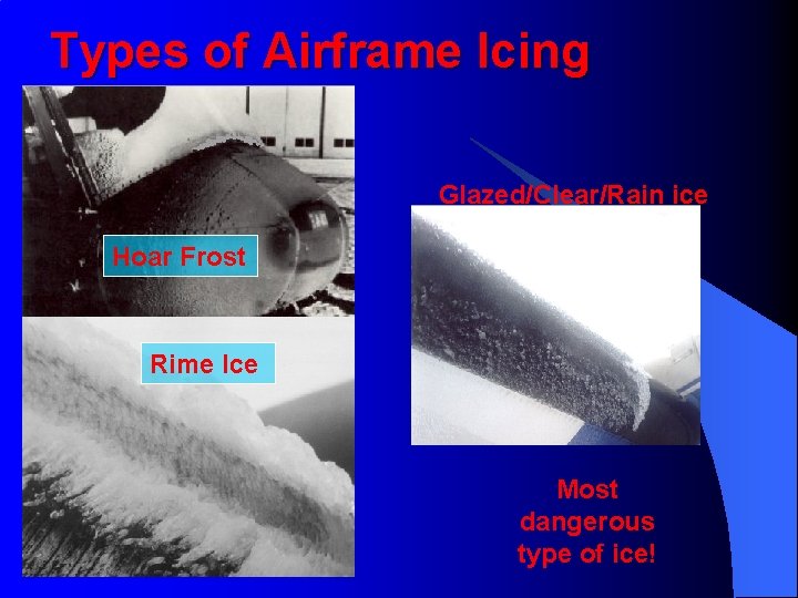 Types of Airframe Icing Glazed/Clear/Rain ice Hoar Frost Rime Ice Most dangerous type of