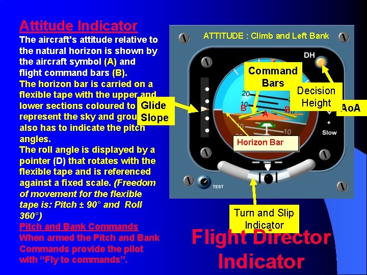 Attitude Indicator The aircraft's attitude relative to the natural horizon is shown by the