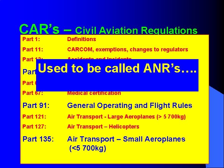 CAR’s – Civil Aviation Regulations Part 1: Definitions Part 11: CARCOM, exemptions, changes to