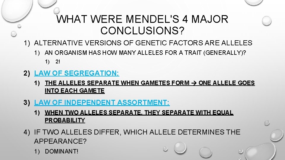 WHAT WERE MENDEL'S 4 MAJOR CONCLUSIONS? 1) ALTERNATIVE VERSIONS OF GENETIC FACTORS ARE ALLELES