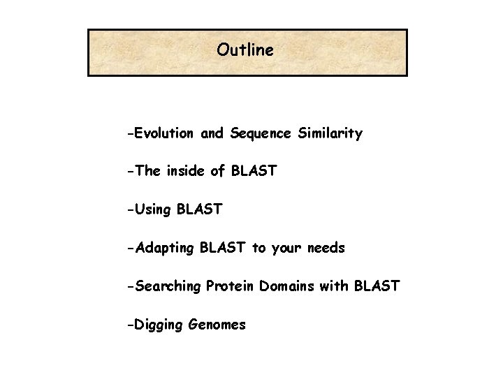 Outline -Evolution and Sequence Similarity -The inside of BLAST -Using BLAST -Adapting BLAST to
