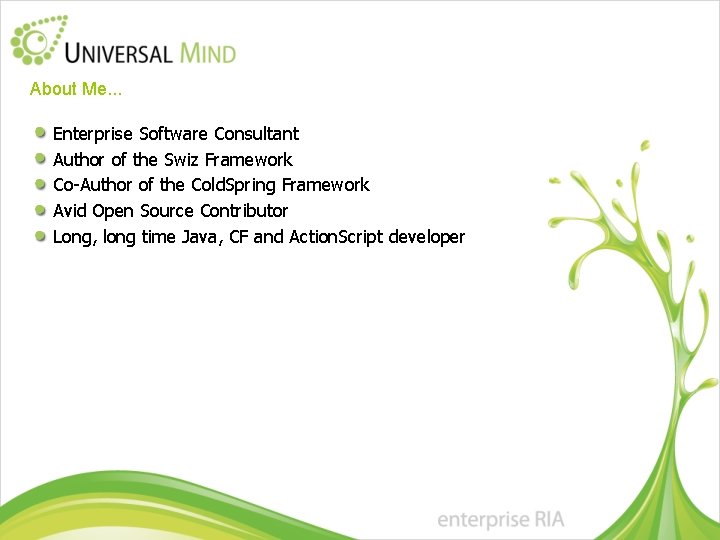 About Me. . . Enterprise Software Consultant Author of the Swiz Framework Co-Author of