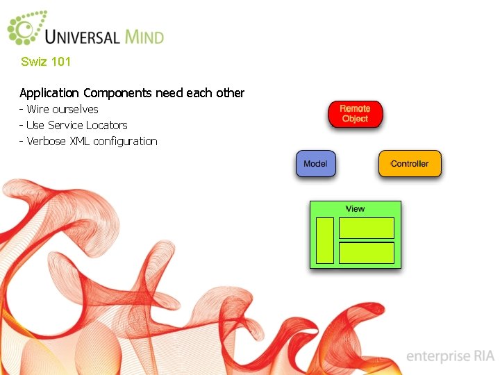 Swiz 101 Application Components need each other - Wire ourselves - Use Service Locators
