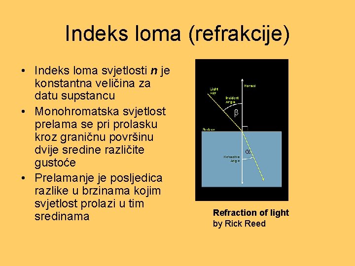 Indeks loma (refrakcije) • Indeks loma svjetlosti n je konstantna veličina za datu supstancu