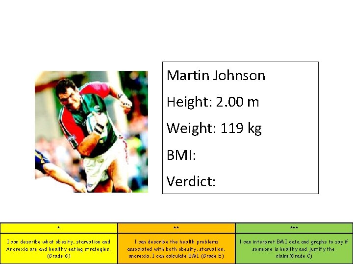 Martin Johnson Height: 2. 00 m Weight: 119 kg BMI: Verdict: * ** ***