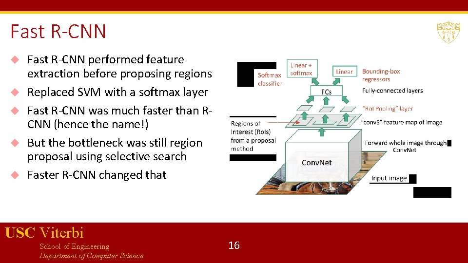 Fast R-CNN performed feature extraction before proposing regions Replaced SVM with a softmax layer