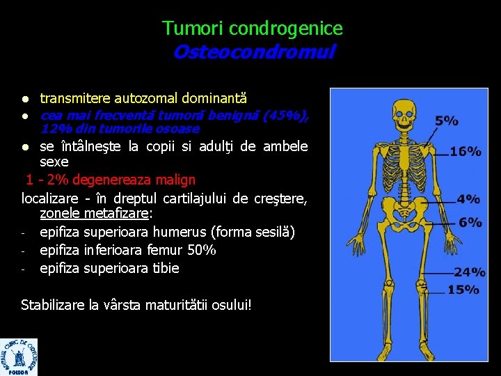 Tumori condrogenice Osteocondromul transmitere autozomal dominantă l cea mai frecventă tumoră benignă (45%), 12%