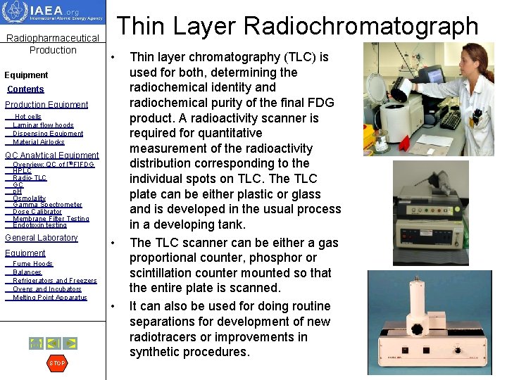 Radiopharmaceutical Production Thin Layer Radiochromatograph • Equipment Contents Production Equipment Hot cells Laminar flow
