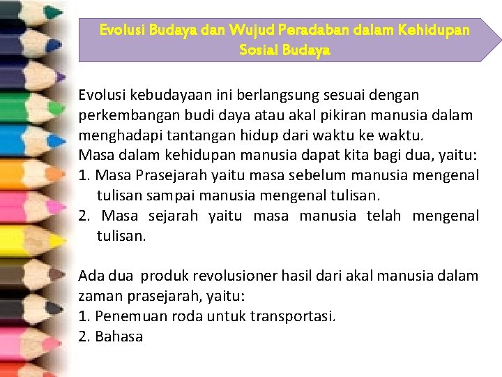 Evolusi Budaya dan Wujud Peradaban dalam Kehidupan Sosial Budaya Evolusi kebudayaan ini berlangsung sesuai