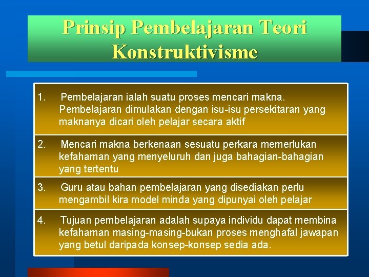 Prinsip Pembelajaran Teori Konstruktivisme 1. Pembelajaran ialah suatu proses mencari makna. Pembelajaran dimulakan dengan