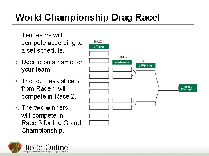 World Championship Drag Race! 1. 2. 3. 4. Ten teams will compete according to