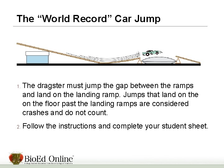 The “World Record” Car Jump 1. 2. The dragster must jump the gap between