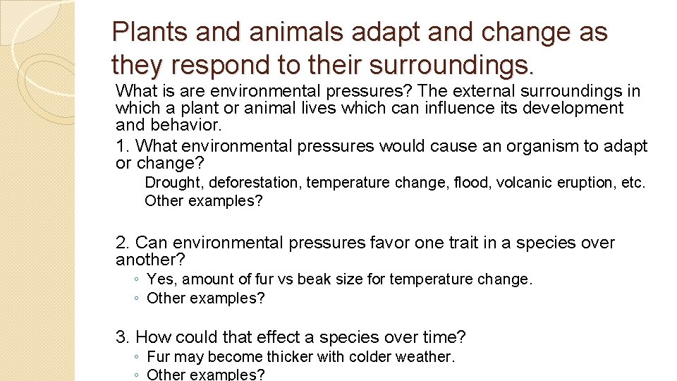 Plants and animals adapt and change as they respond to their surroundings. What is