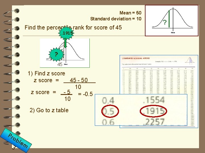 Mean = 50 Standard deviation = 10 Find the percentile rank for score of