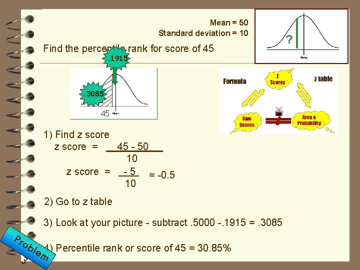 Mean = 50 Standard deviation = 10 Find the percentile rank for score of