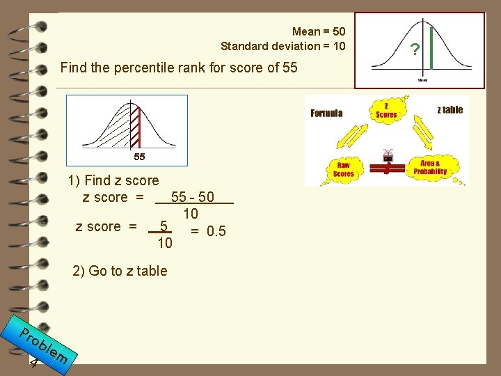 Mean = 50 Standard deviation = 10 Find the percentile rank for score of