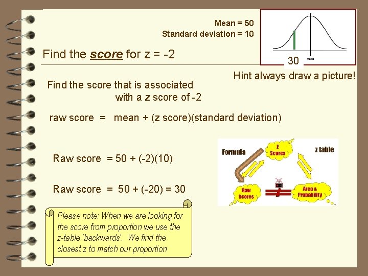 Mean = 50 Standard deviation = 10 Find the score for z = -2