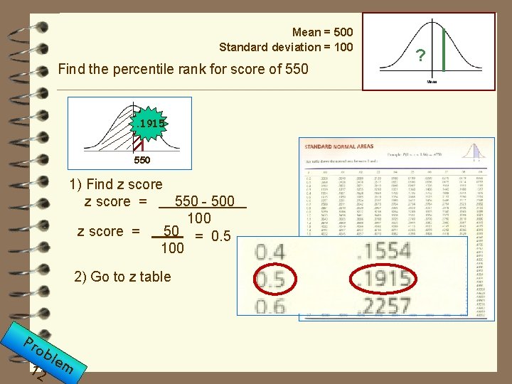 Mean = 500 Standard deviation = 100 Find the percentile rank for score of