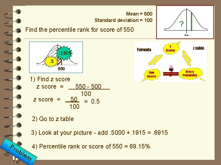 Mean = 500 Standard deviation = 100 Find the percentile rank for score of