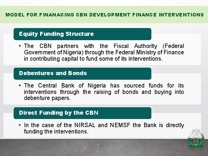 MODEL FOR FINANACING CBN DEVELOPMENT FINANCE INTERVENTIONS Equity Funding Structure • The CBN partners