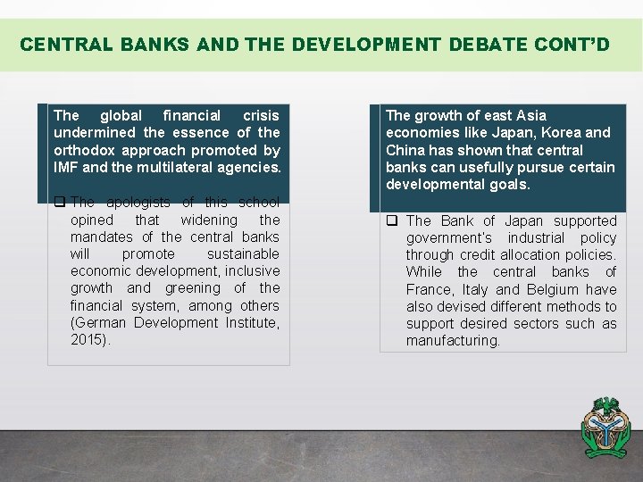 CENTRAL BANKS AND THE DEVELOPMENT DEBATE CONT’D The global financial crisis undermined the essence