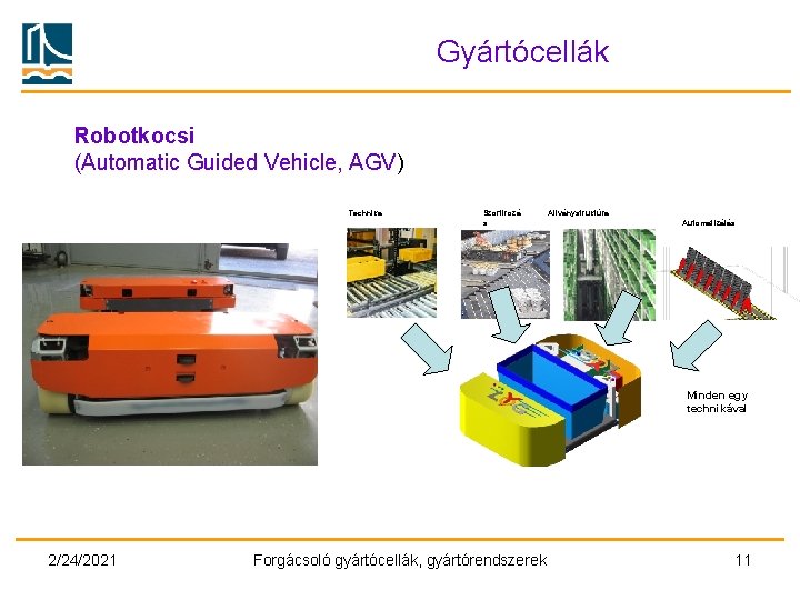 Gyártócellák Robotkocsi (Automatic Guided Vehicle, AGV) Technika Szortírozá s Állványstruktúra Automatizálás Minden egy technikával