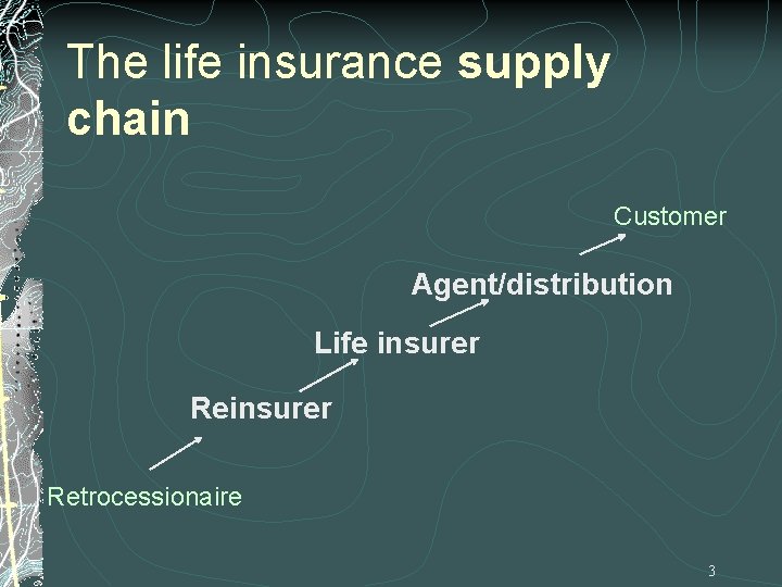 The life insurance supply chain Customer Agent/distribution Life insurer Retrocessionaire 3 