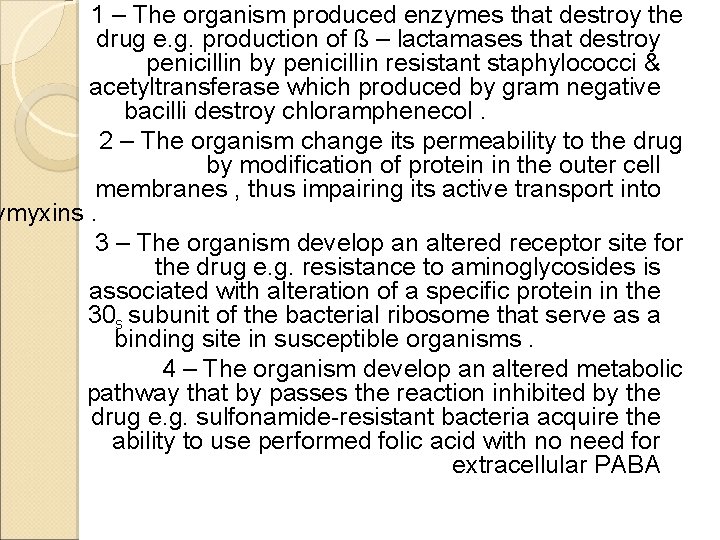 1 – The organism produced enzymes that destroy the drug e. g. production of