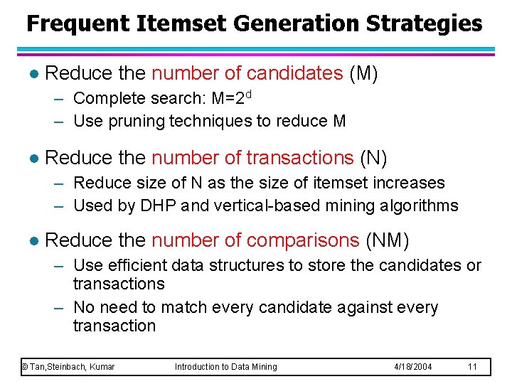 Frequent Itemset Generation Strategies l Reduce the number of candidates (M) – Complete search: