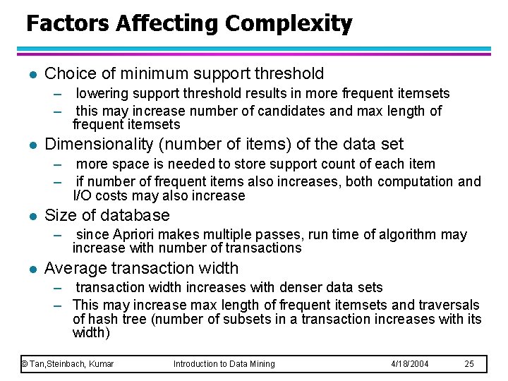 Factors Affecting Complexity l Choice of minimum support threshold – – l Dimensionality (number