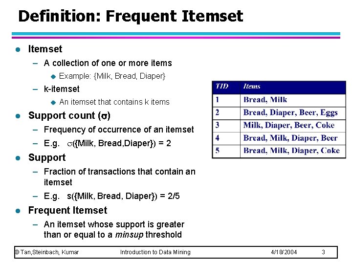 Definition: Frequent Itemset l Itemset – A collection of one or more items u Definition: Frequent Itemset l Itemset – A collection of one or more items u