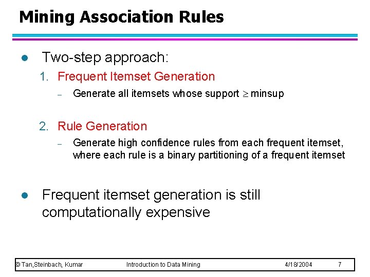 Mining Association Rules l Two-step approach: 1. Frequent Itemset Generation – Generate all itemsets Mining Association Rules l Two-step approach: 1. Frequent Itemset Generation – Generate all itemsets