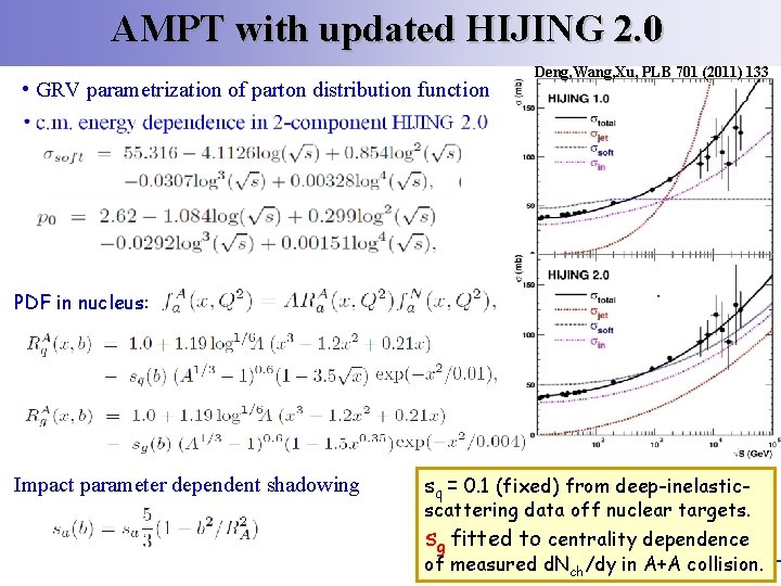 AMPT with updated HIJING 2. 0 • GRV parametrization of parton distribution function Deng,