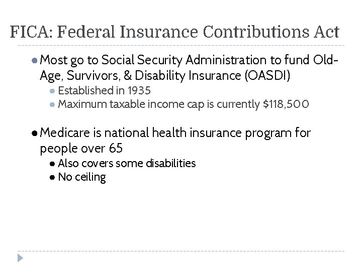 FICA: Federal Insurance Contributions Act ● Most go to Social Security Administration to fund