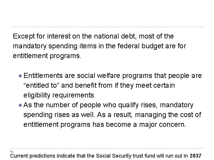 Except for interest on the national debt, most of the mandatory spending items in