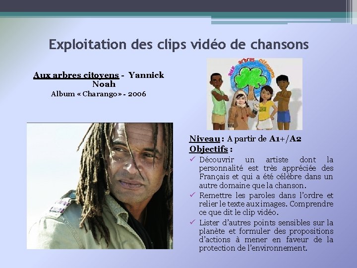 Exploitation des clips vidéo de chansons Aux arbres citoyens - Yannick Noah Album «