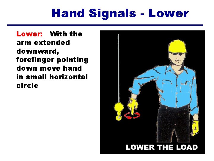 Hand Signals - Lower: With the arm extended downward, forefinger pointing down move hand