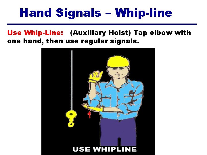 Hand Signals – Whip-line Use Whip-Line: (Auxiliary Hoist) Tap elbow with one hand, then