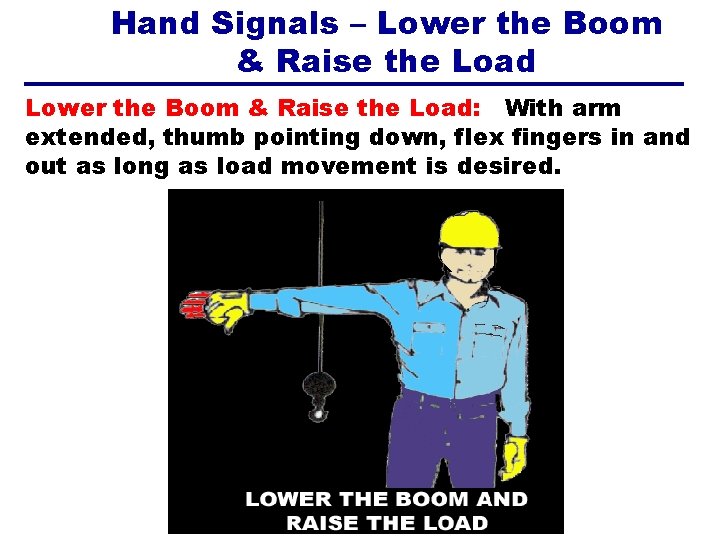 Hand Signals – Lower the Boom & Raise the Load: With arm extended, thumb